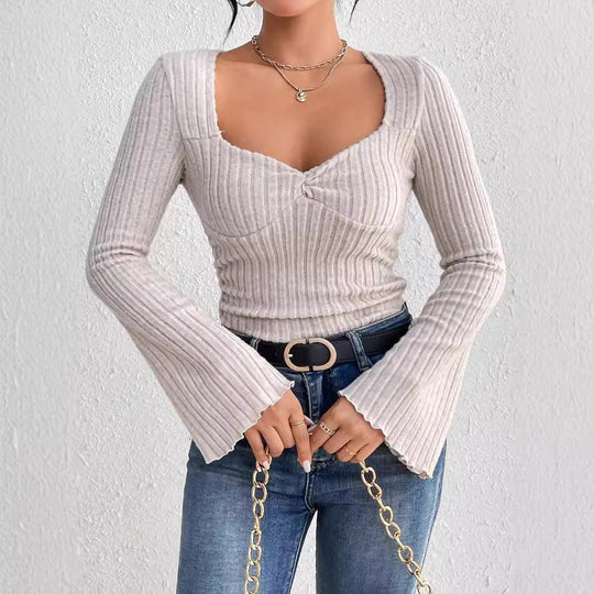 Damen geripptes Langarm-Top mit herzförmigem Dekolleté Taillennaht Twist-Detail und Trompetenärmeln Shop Nory