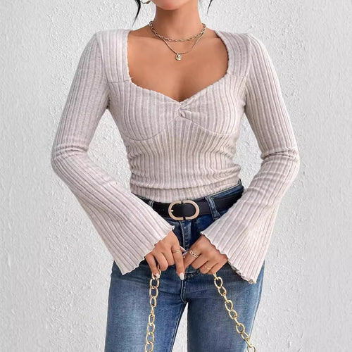 Damen geripptes Langarm-Top mit herzförmigem Dekolleté Taillennaht Twist-Detail und Trompetenärmeln Shop Nory