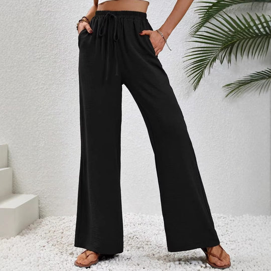 Damen Leichte, weit geschnittene Strandhose mit Elastikbund, Kordelzug und Seitentaschen Shop Nory