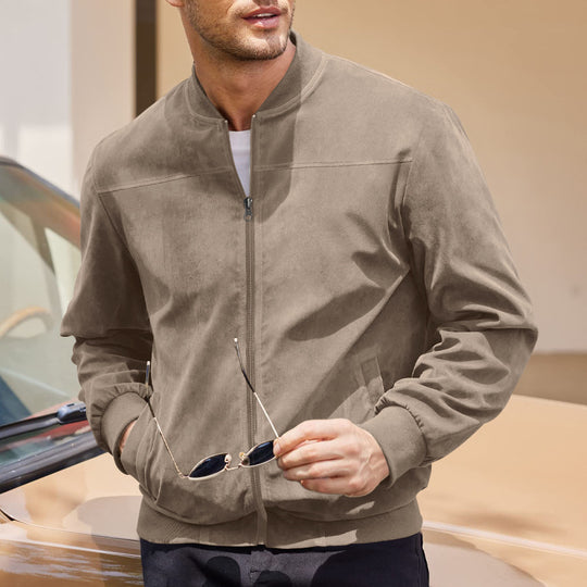 Herren Veloursleder-Bomberjacke mit Stehkragen, Rippbündchen und durchgehendem Reißverschluss Shop Nory