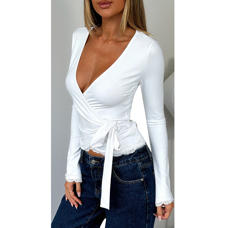 Damen Figurbetonte Wickelbluse aus Stretchjersey mit Spitzenbesatz Shop Nory