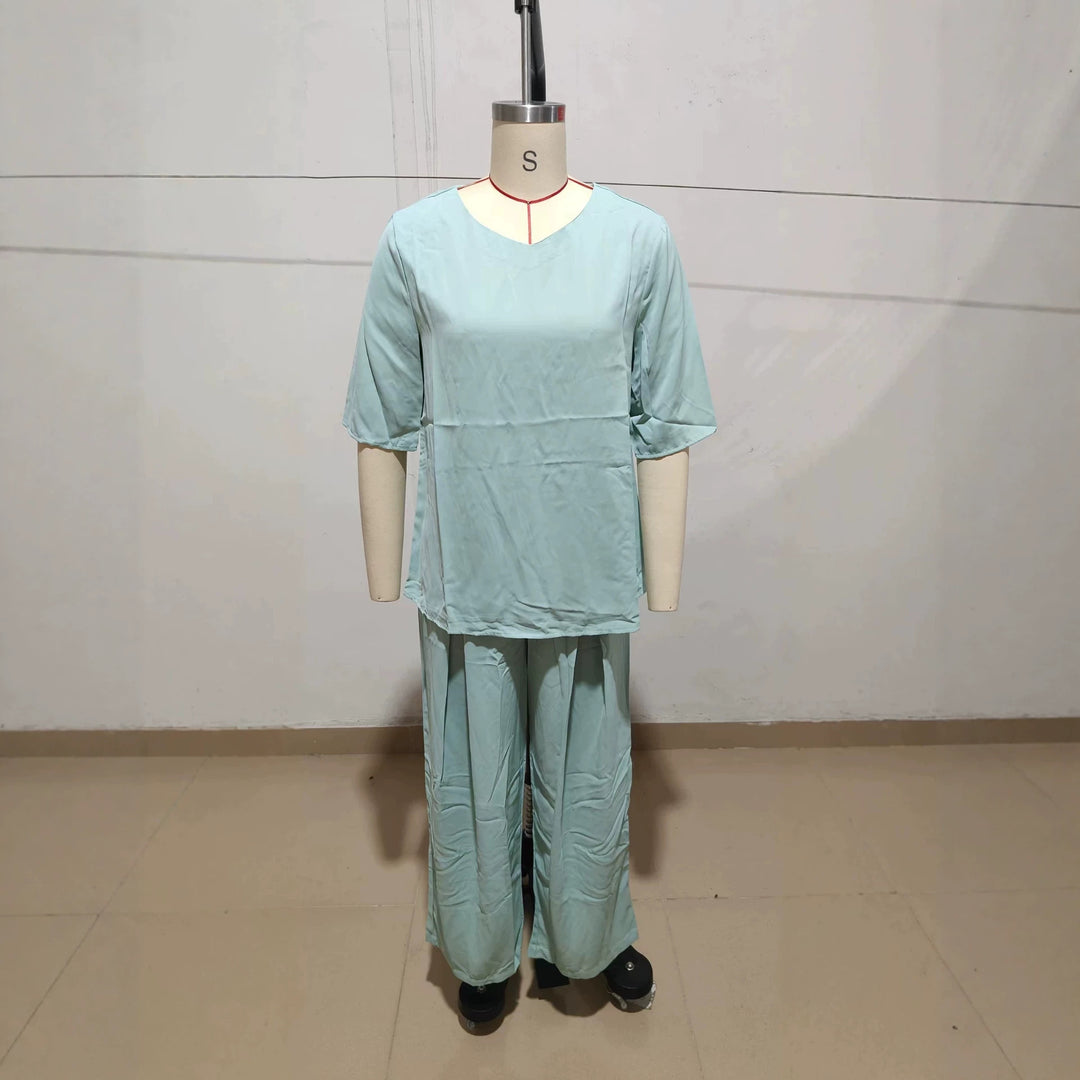 Damen Lässiger zweiteiliger Freizeitanzug mit lockerem Kurzarmtop und weiter Palazzohose Shop Nory