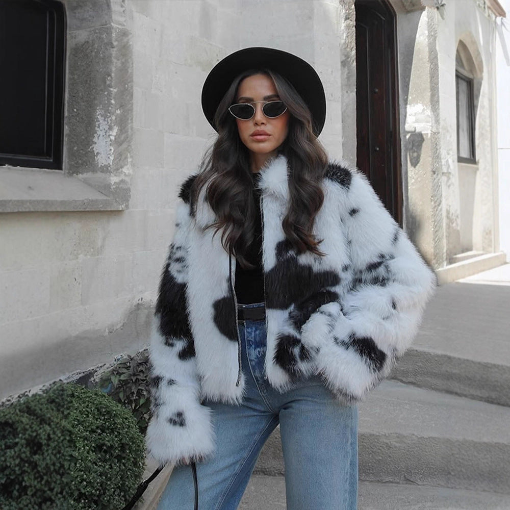 Damen Kurz geschnittener Faux‑Fur‑Bomber mit Fleckenmuster Shop Nory