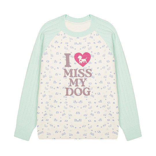 Damen Strickpullover mit Raglanärmeln, Allover-Hundemotiv und Statement-Print Shop Nory