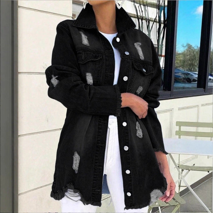 Damen Longline-Denimjacke mit Destroyed-Details und Fransenabschluss Shop Nory