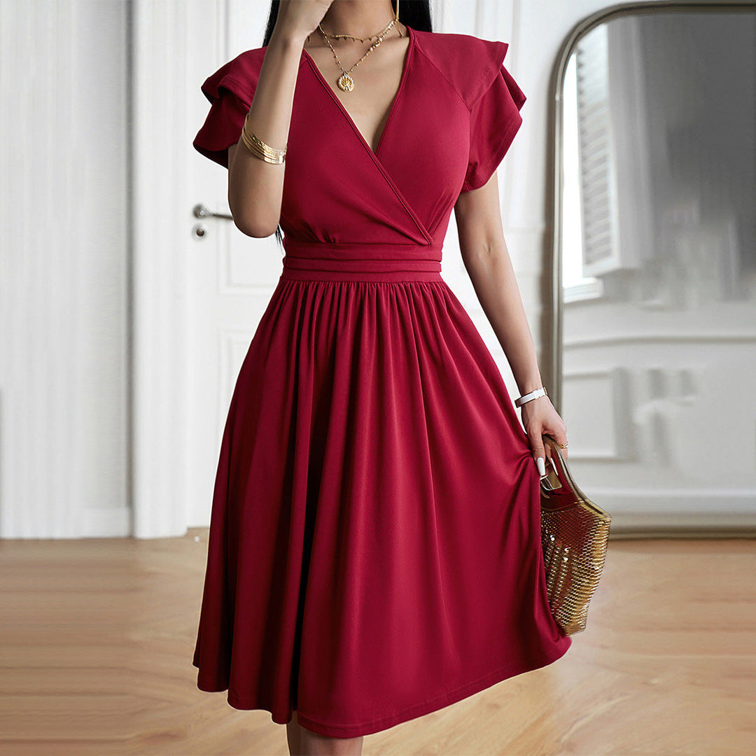 V-Ausschnitt Einfarbig Kurzarmkleid Für Frauen