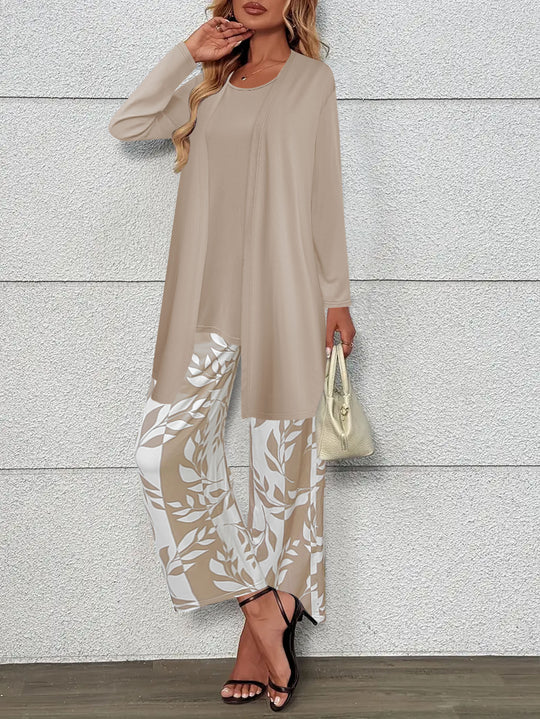 Damen Zweiteiler Offener Longcardigan mit Langarm und Palazzo‑Hose mit Blattprint Shop Nory