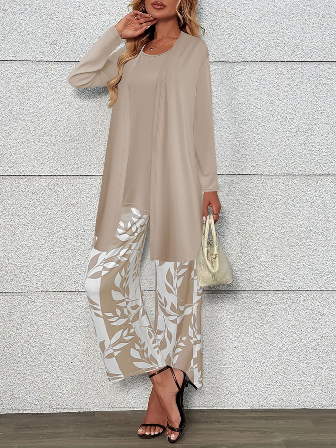 Damen Lang geschnittener offener Feinstrick-Cardigan mit geradem Saum und Palazzo-Hose im Blattprint Set Shop Nory