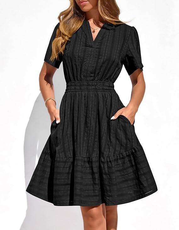 Damen Tailliertes Stufen-Midikleid mit Smokbund, V‑Ausschnitt und Eingrifftaschen Shop Nory
