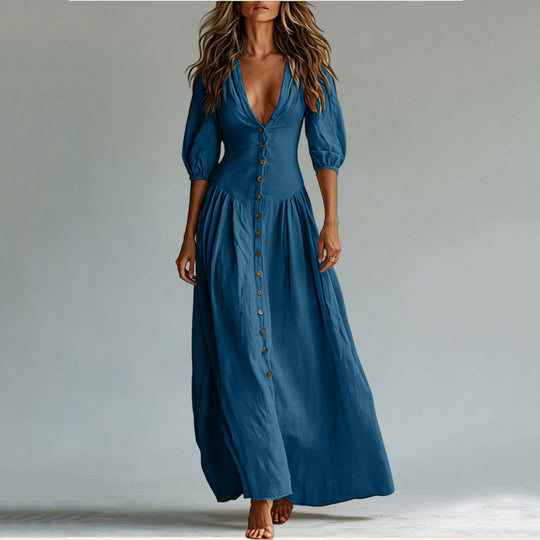 Damen Maxikleid mit tiefem V-Ausschnitt, durchgehender Knopfleiste und Ballonärmeln Shop Nory