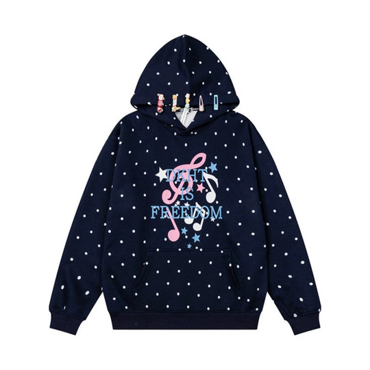 Damen Kapuzenpullover mit Polka-Dot, musikalischem Notenprint und Kängurutasche Shop Nory