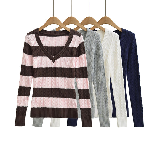 Damen Grobgestrickter V-Ausschnitt Pullover mit Zopfstrickstruktur Shop Nory