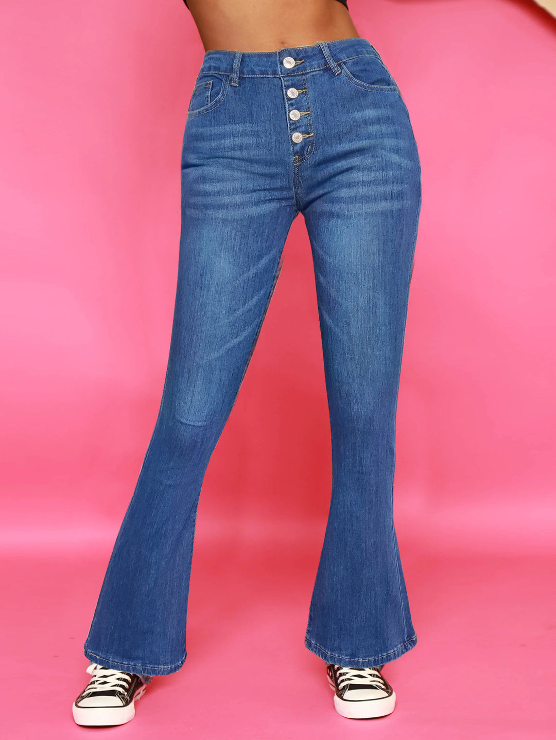 Damen Hochtaillierte Flared-Jeans mit sichtbarer Knopfleiste und sculptendem Superstretch-Comfort Shop Nory