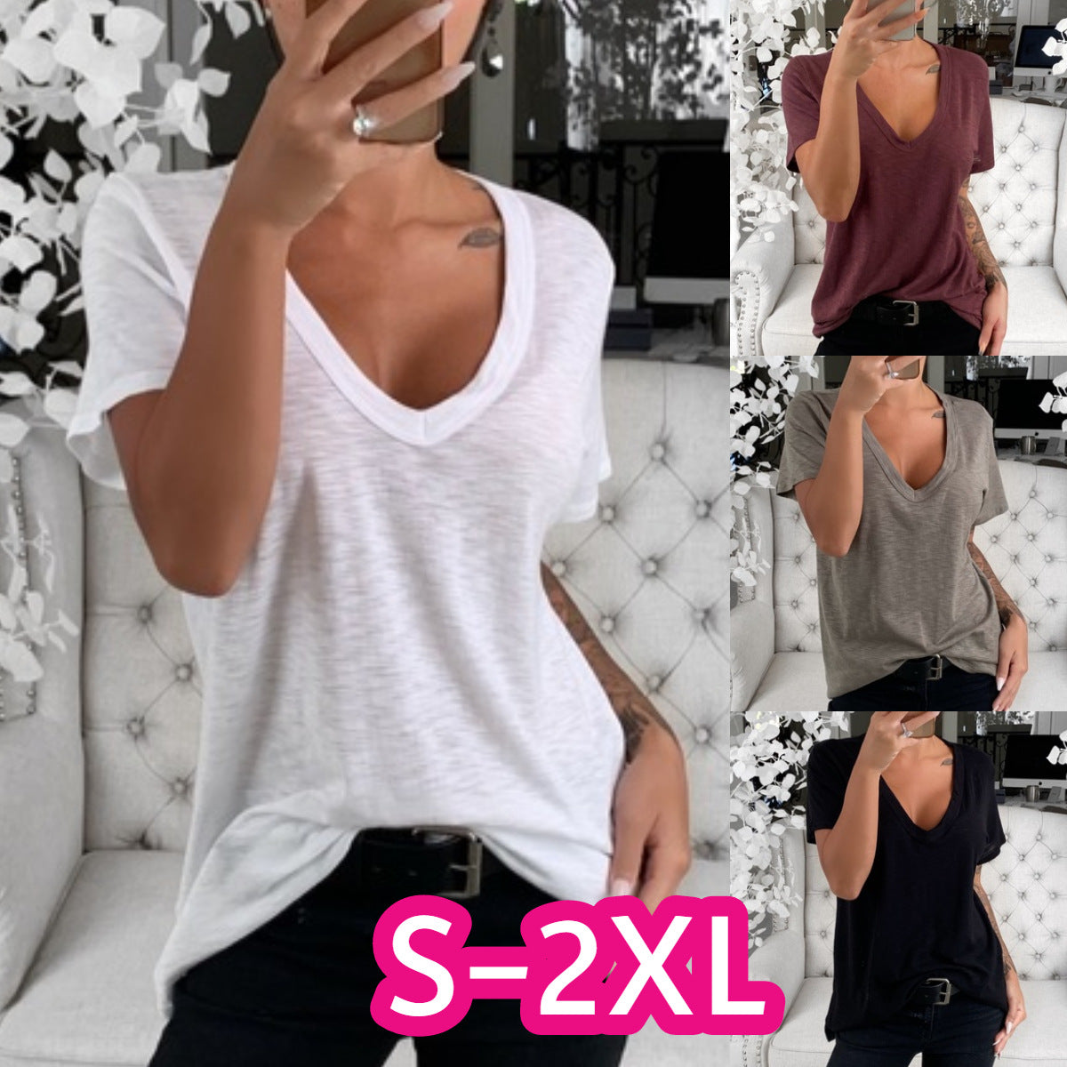 Damen lässiges V-Ausschnitt T-Shirt mit lockerer Passform