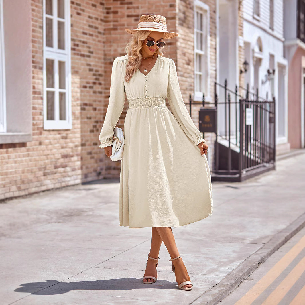 Damen Midikleid mit V-Ausschnitt, geraffter Smock-Taille und Knopfleiste Shop Nory