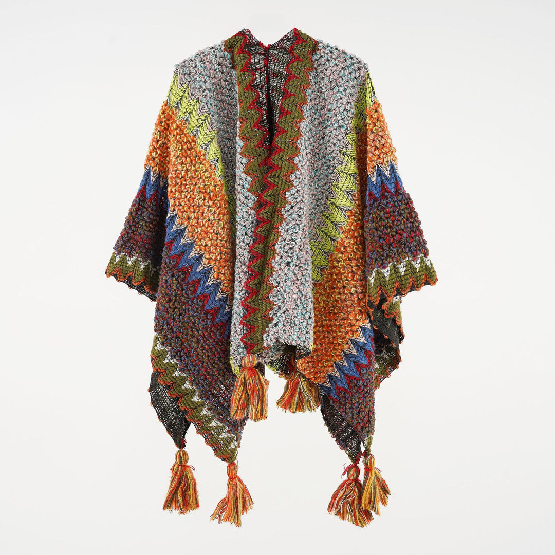 Damen Kurzponcho aus Bouclé-Strick mit Zickzack-Jacquard und Quasten Shop Nory