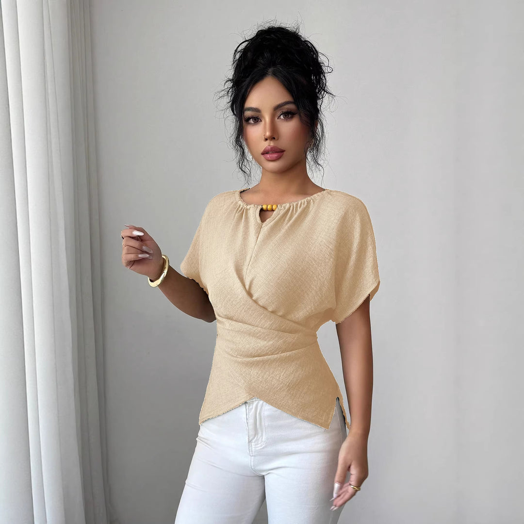 Damen Tailliertes Leinenoptik-Top mit Schlüsselöffnung, Perlen-Detail und Drapierung Shop Nory