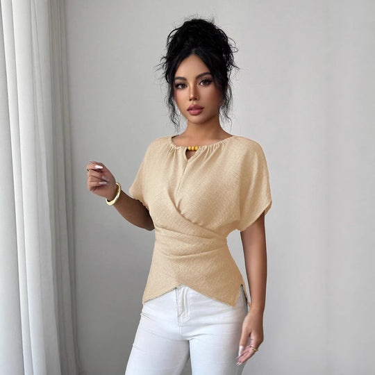Damen Tailliertes Leinenoptik-Top mit Schlüsselöffnung, Perlen-Detail und Drapierung Shop Nory