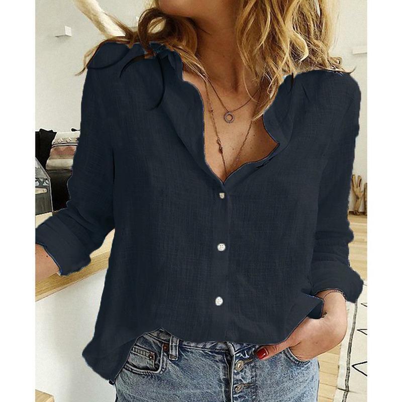 Damen Atmungsaktive Baumwoll‑Leinen Tunika‑Bluse mit Kentkragen, geknöpftem V‑Ausschnitt und gerundetem Saum Shop Nory