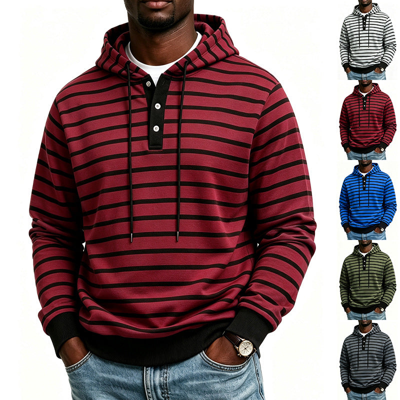 Herren Kapuzenpullover mit Henley-Knopfleiste und feinem Streifenstrukturmuster Shop Nory