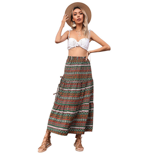 Damen Maxi-Stufenrock mit elastischem Taillenbund, seitlichen Knotendetails und Ethno-Print Shop Nory