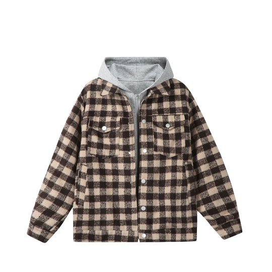 Damen Kurzblouson im Shacket‑Stil mit Karo‑Wolloptik und integrierter Sweatkapuze Shop Nory
