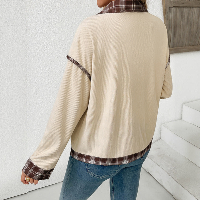 Damen Cord-Überhemd mit karierter Besatzleiste und legerer Boxy-Silhouette Shop Nory