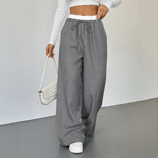 Damen Weite Streifen-Hose im Palazzo-Stil mit Smok-Taillenbund und Kordelzug Shop Nory