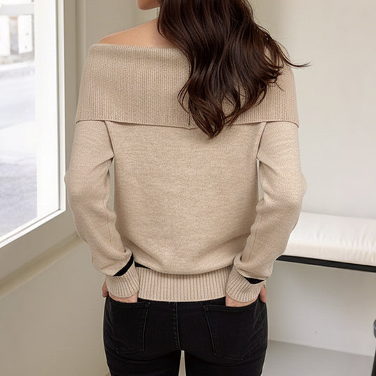 Damen Schulterfreier Strickpullover mit Rautenmuster und umgeschlagenem Kragen Shop Nory