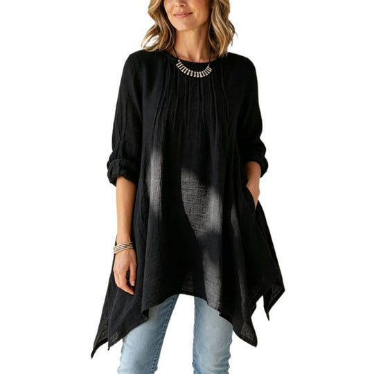 Damen Lässige Long-Tunika mit Handtuchsaum, Kräusel-Biesen und Eingrifftaschen Shop Nory