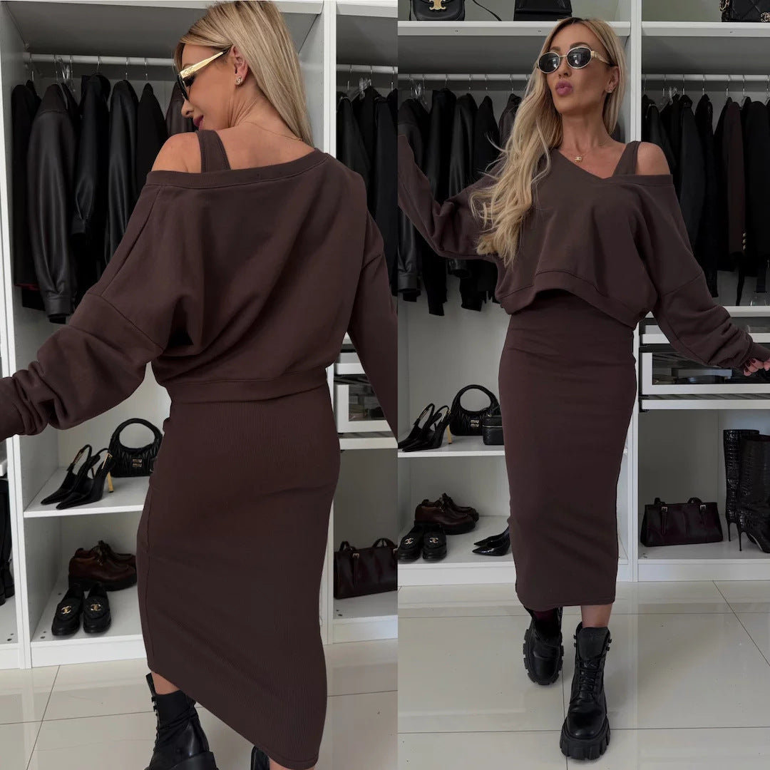 Damen weiches geripptes Lounge-Set mit Oversize-Viskoseshirt und High-Waist Schlaghose Shop Nory