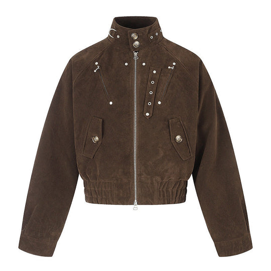 Damen kurze Wildleder‑Bomberjacke mit hohem Stehkragen und metallischen Details Shop Nory