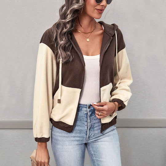 Damen Colorblock-Fleecejacke mit Kapuze, Reißverschluss und Kängurutaschen Shop Nory
