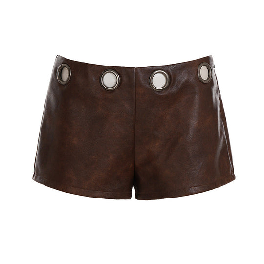 Damen Kunstleder-Shorts mit dekorativen Knopfdetails