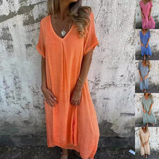 Damen Luftiges Leinenmaxikleid mit V-Ausschnitt und weit schwingendem Saum