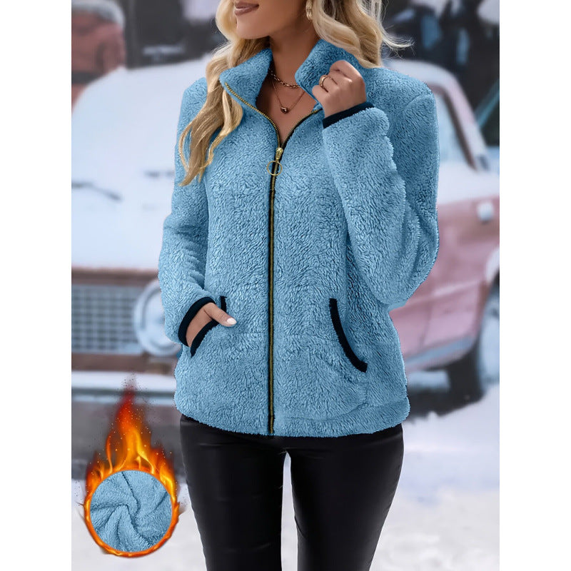 Damen Thermo-Sherpa-Fleecejacke mit Stehkragen, Kontrastkanten und Ringzipper Shop Nory