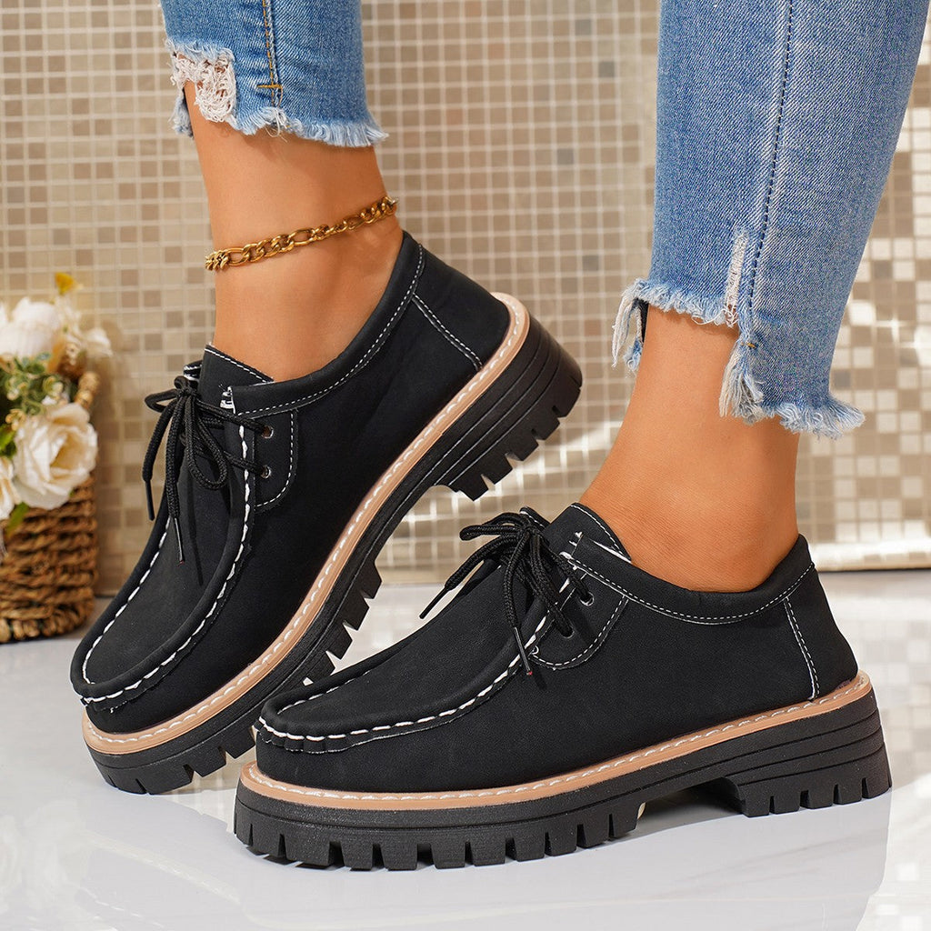 Damen modische Schnürschuhe mit robustem Profil und feinem Lederobermaterial