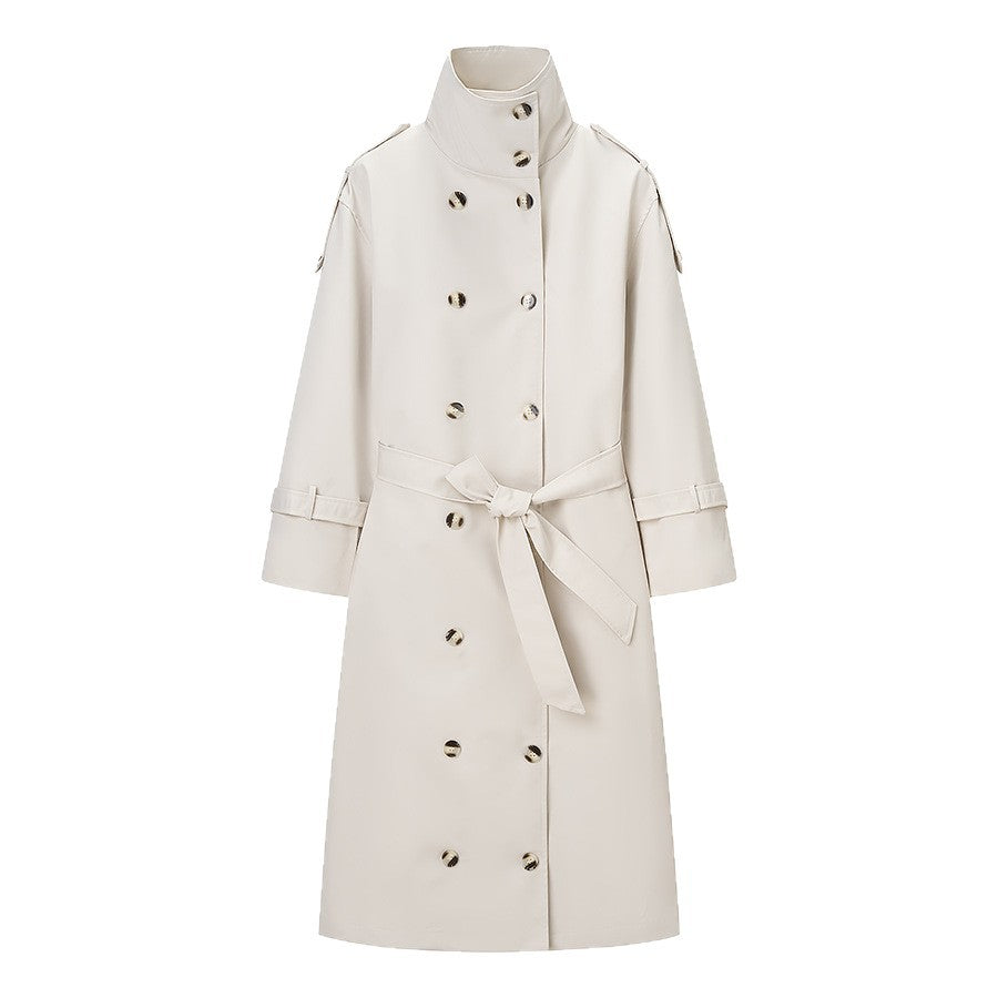 Damen Langer doppeltgereihter Trenchcoat mit hohem Stehkragen und Taillengürtel Shop Nory