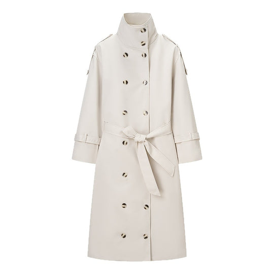 Damen Langer doppeltgereihter Trenchcoat mit hohem Stehkragen und Taillengürtel Shop Nory