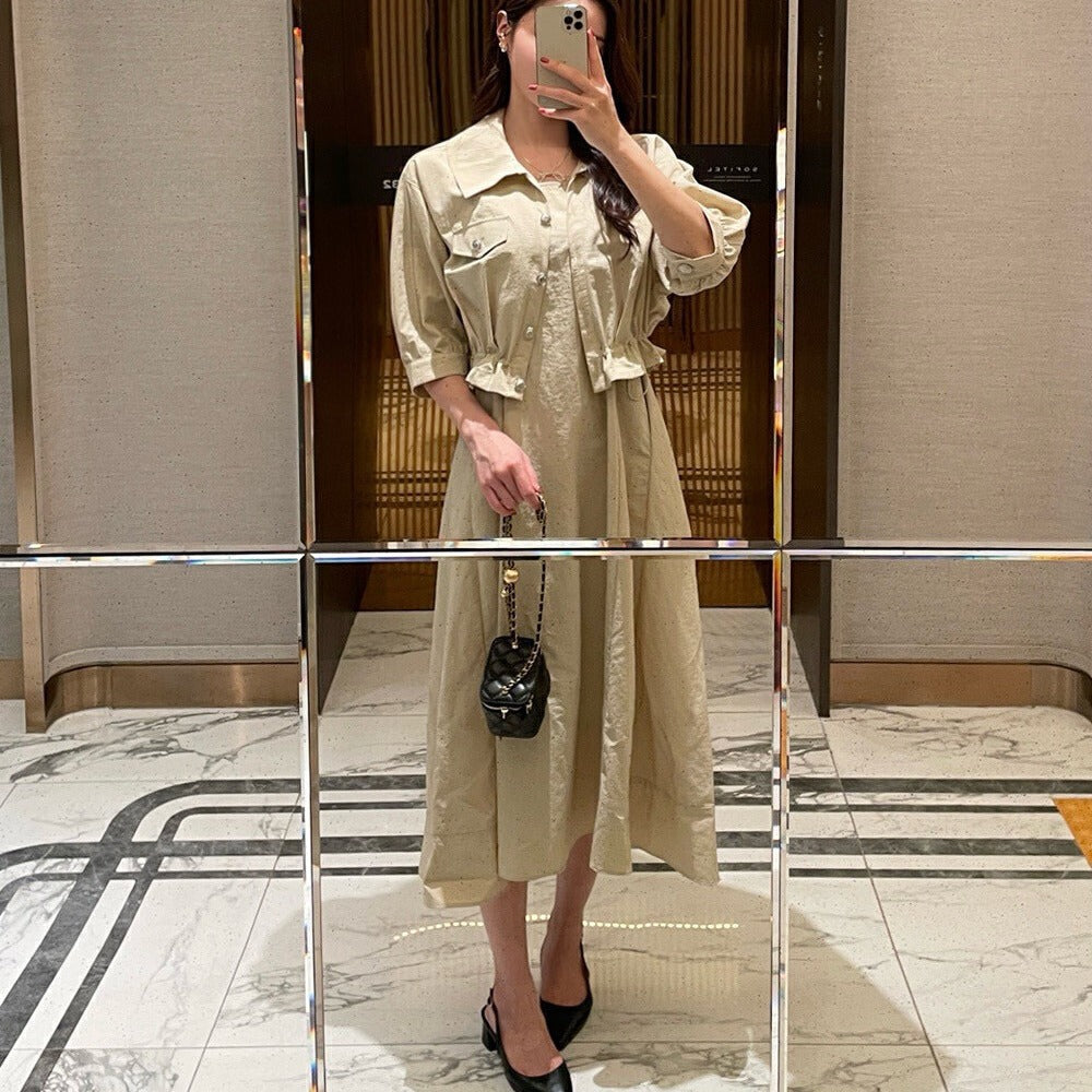 Damen Zweiteiliges Leinenoptik-Midikleid mit kurzer Jacke, tailliertem Gummizug und Puffärmeln Shop Nory