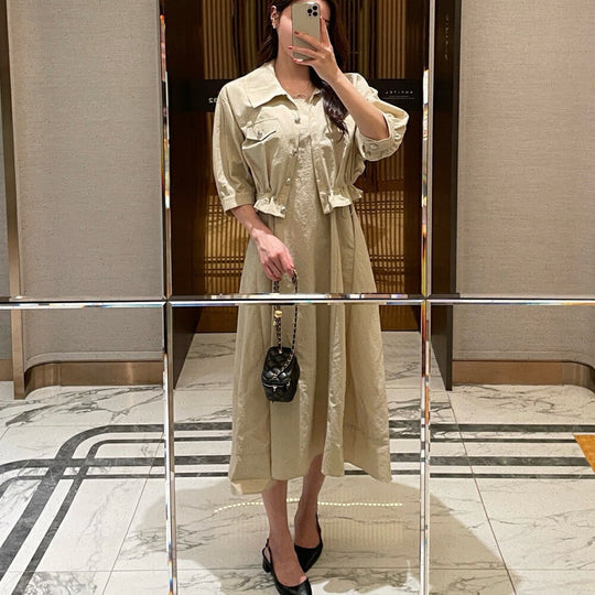 Damen Zweiteiliges Leinenoptik-Midikleid mit kurzer Jacke, tailliertem Gummizug und Puffärmeln Shop Nory