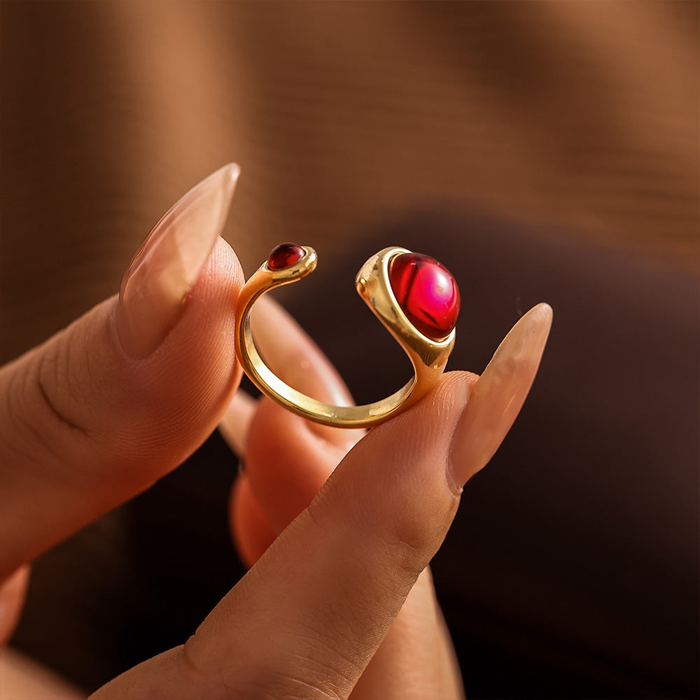 Damen Offener Ring mit rotem Granat aus hochwertigem Edelstahl Shop Nory