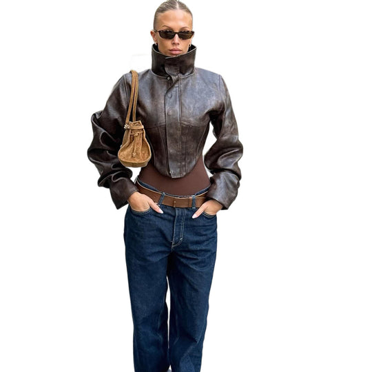 Damen Konturierte Kurzlederjacke mit hohem Stehkragen und Ballonärmeln Shop Nory