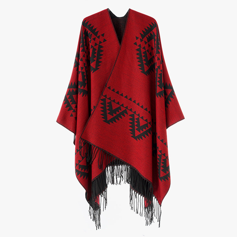 Damen Grobgewebter Jacquard-Umhang im Oversize mit Zipfelsaum und Fransensaum Shop Nory