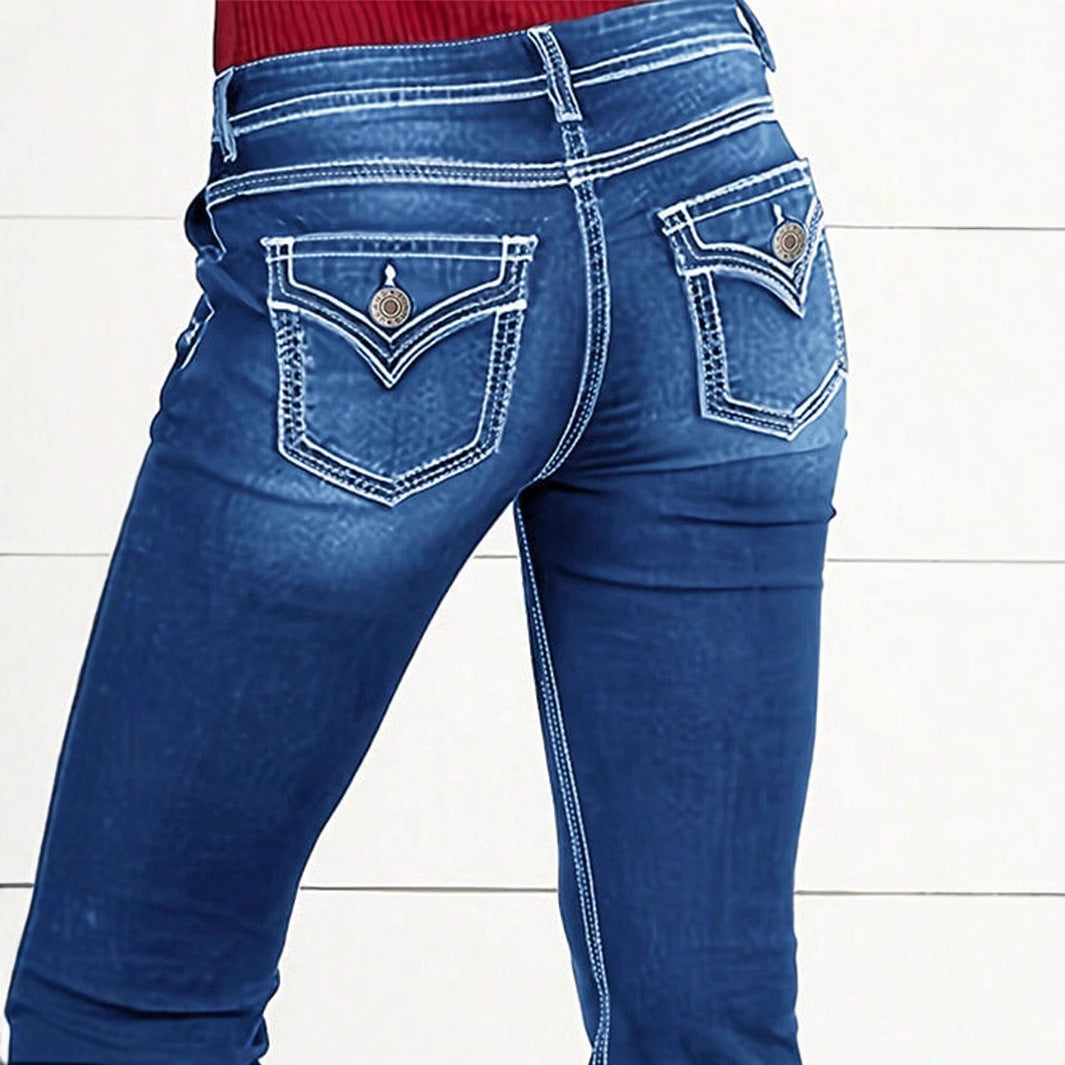 Damen Taillenbetonte Bootcut-Jeans mit Zierknopf-Applikation und Kontrastnähten Shop Nory