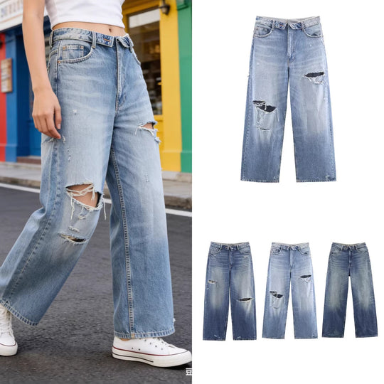 Damen Weite Destroyed-Jeans mit hoher Taille und geradem Bein Shop Nory