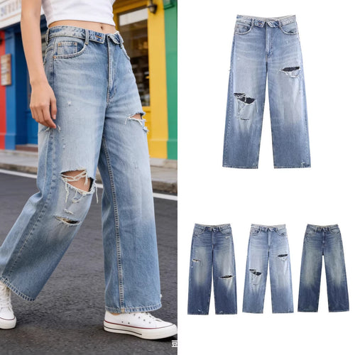 Damen Weite Destroyed-Jeans mit hoher Taille und geradem Bein Shop Nory