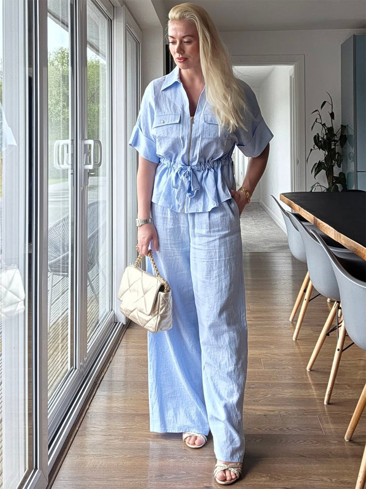 Damen Kurzarm-Bluse mit Reißverschluss, Brusttaschen & Tunnelzug-Taille Shop Nory