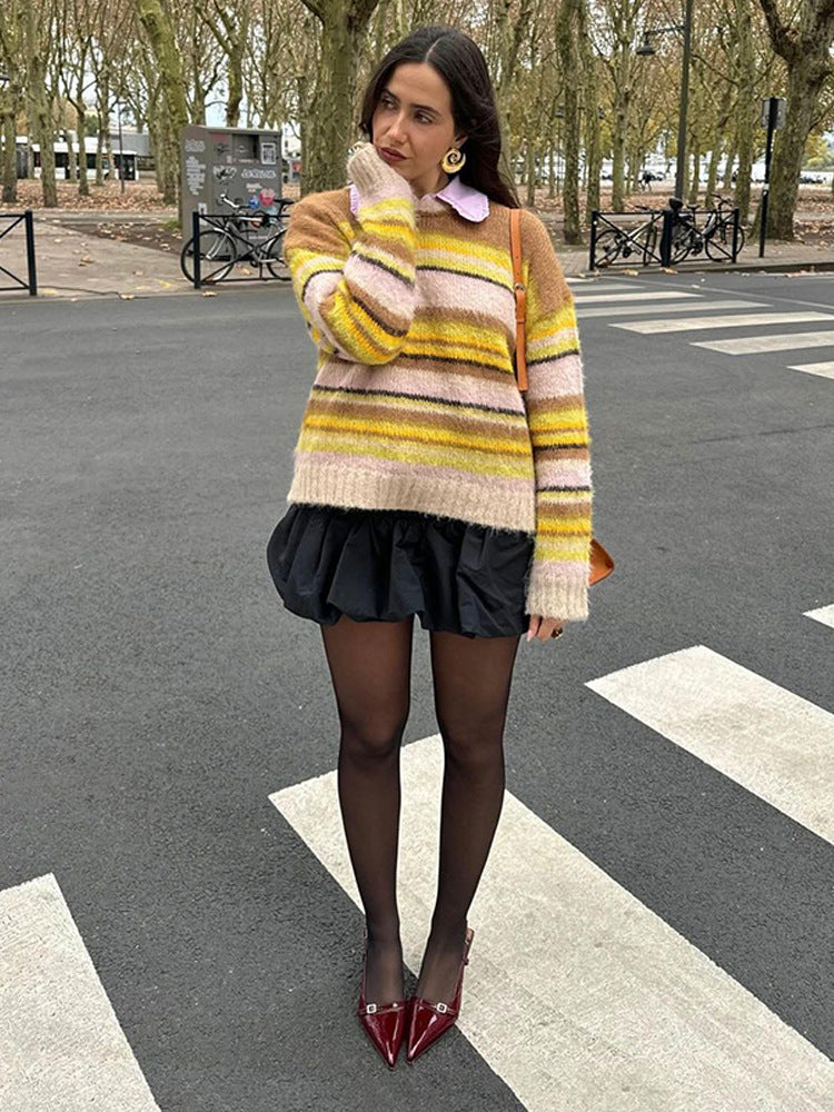 Damen Kuscheliger Streifenpullover aus flauschigem Mohair-Mix mit Rundhalsausschnitt und Oversize-Silhouette Shop Nory