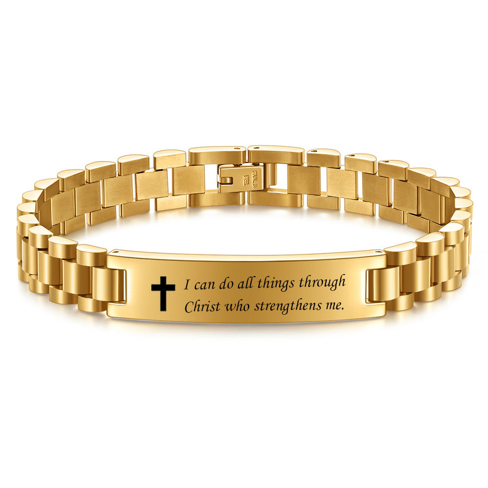 Damen Armband mit gravierbarem Abschieds-Spruch und edlem Kirchen-Kreuz Shop Nory